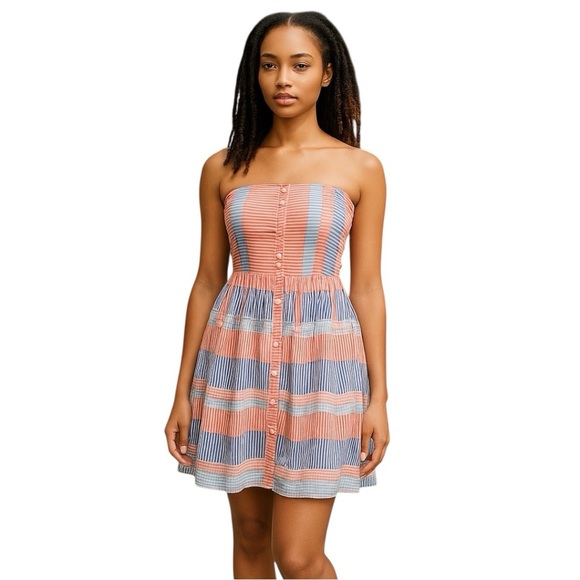 Bebop Strapless Button-Up Cotton Striped Summer Vacay-Ready Dress Size XL - Picture 1 of 6